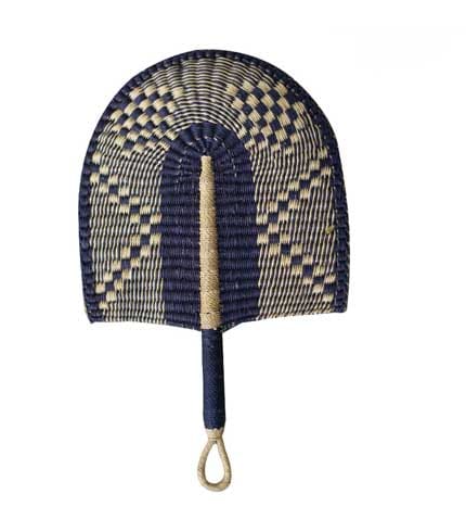 Woven Straw Hand Fan - Dark Blue Design