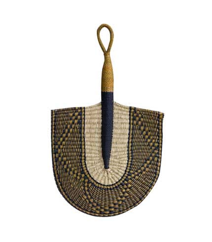 Woven Straw Hand Fan - Yellow & Blue Design