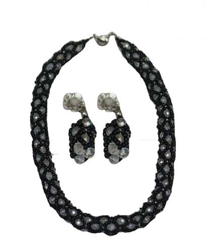 Silver & Black Beaded Necklace with Earrings
