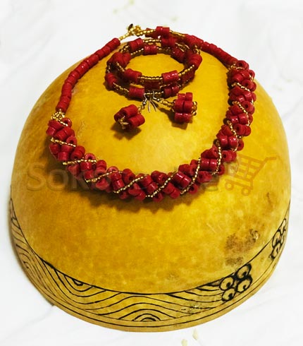 Red Beaded Necklace, Bracelet and Earrings