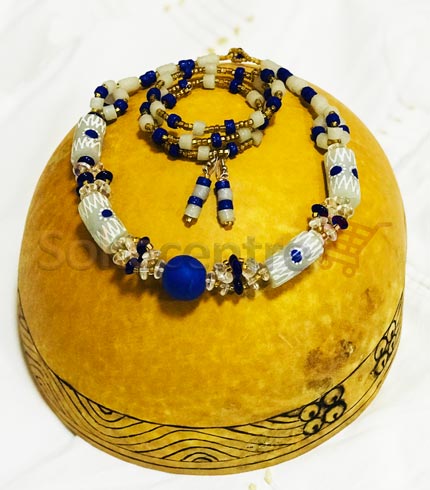 Beaded Necklace, Bracelet and Earrings - White & Blue