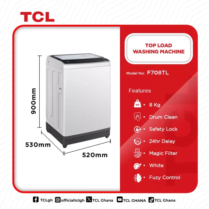 TCL-TOP-LOAD-WASHING-MACHINE 8KG-F708TL - Image 3