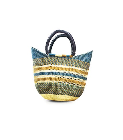 Hand-Woven Shopping Basket - Green, Blue and Natural Walnut